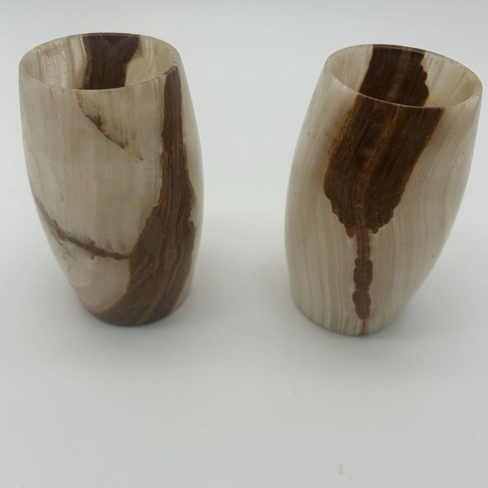 Vintage Pair Banded Onyx Marble Stone Cups Hand Carved Brown Cream 5.25”